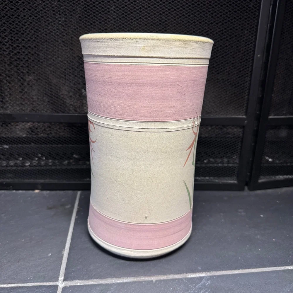 Studio Pottery Hand Painted Floral Wine Chiller Signed Stoneware Vase Pink